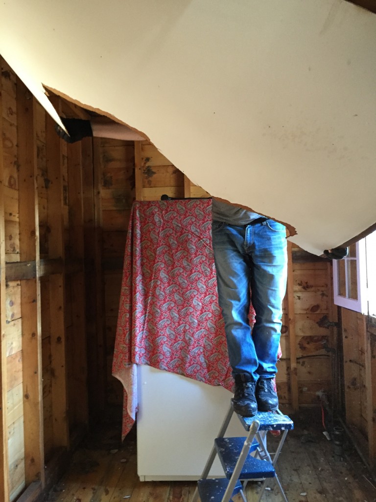 GO-Cottage Laundry Room Renovation Todd taking down ceiling 2