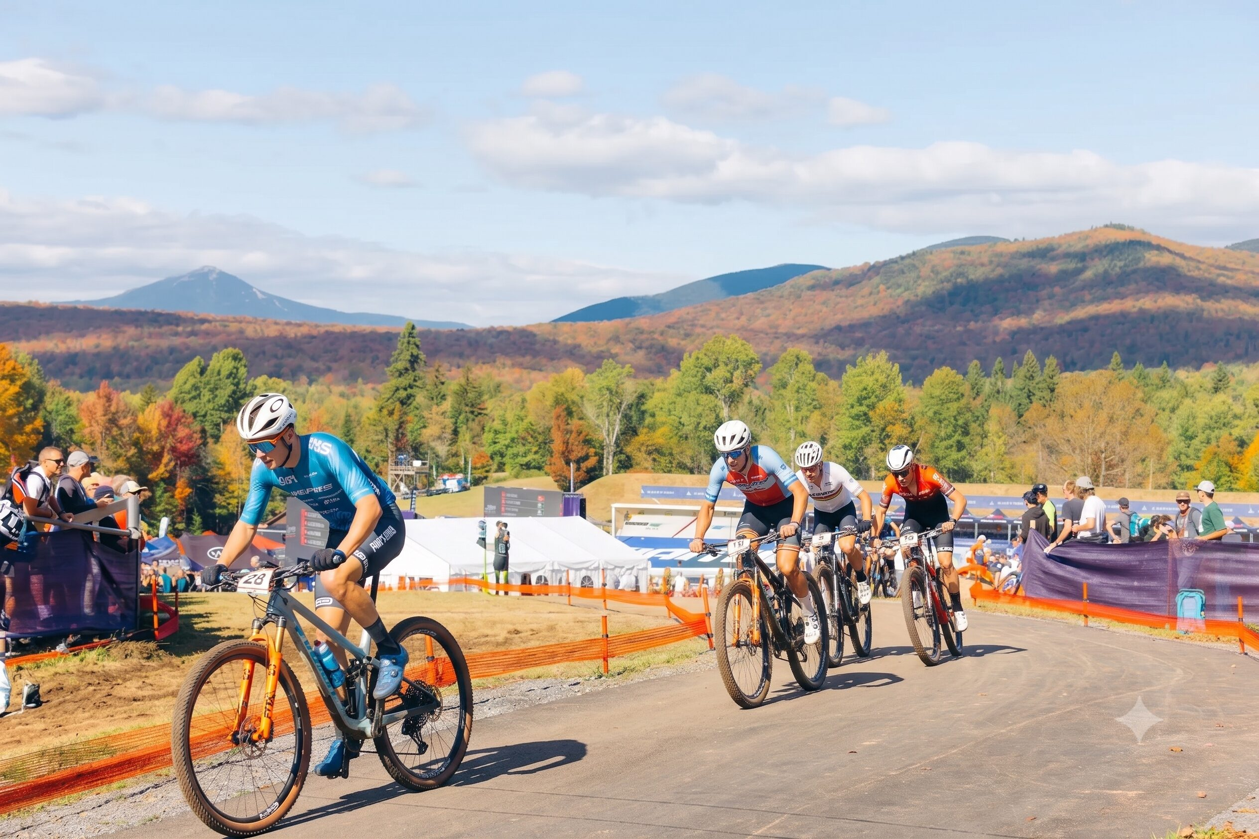Riding the WC trails and Mt. Van Hoevenberg Featured image alt: UCI Mountain Bike World Series competitor riding at Mt Van Hoevenberg with Adirondack fall foliage backdrop — Lake Placid, NY