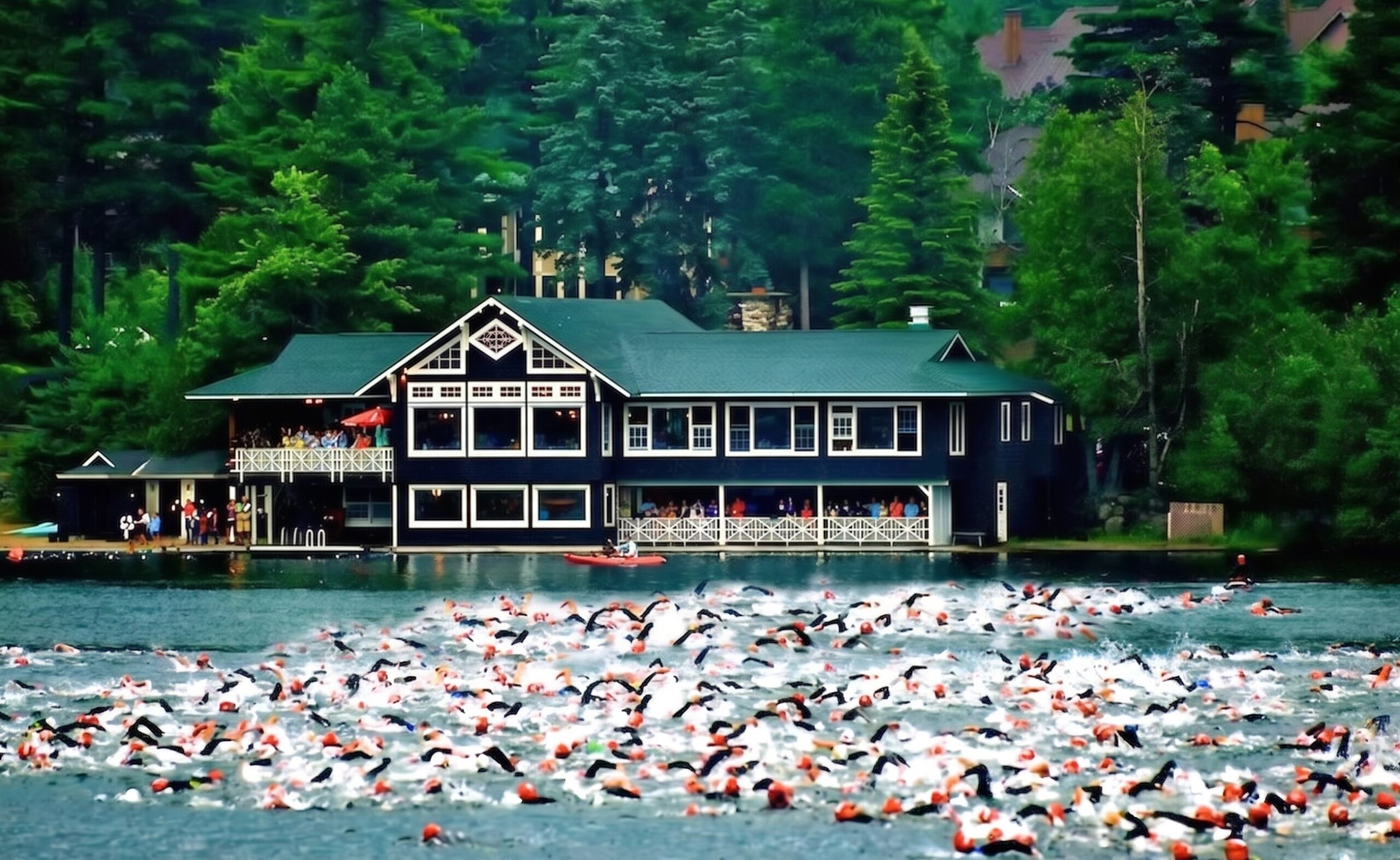 Gemini_Generated_Image_f50euxf50euxf50e Sunrise over Mirror Lake at the Ironman Lake Placid swim start, with historic Lake Placid village cottages visible on the shoreline