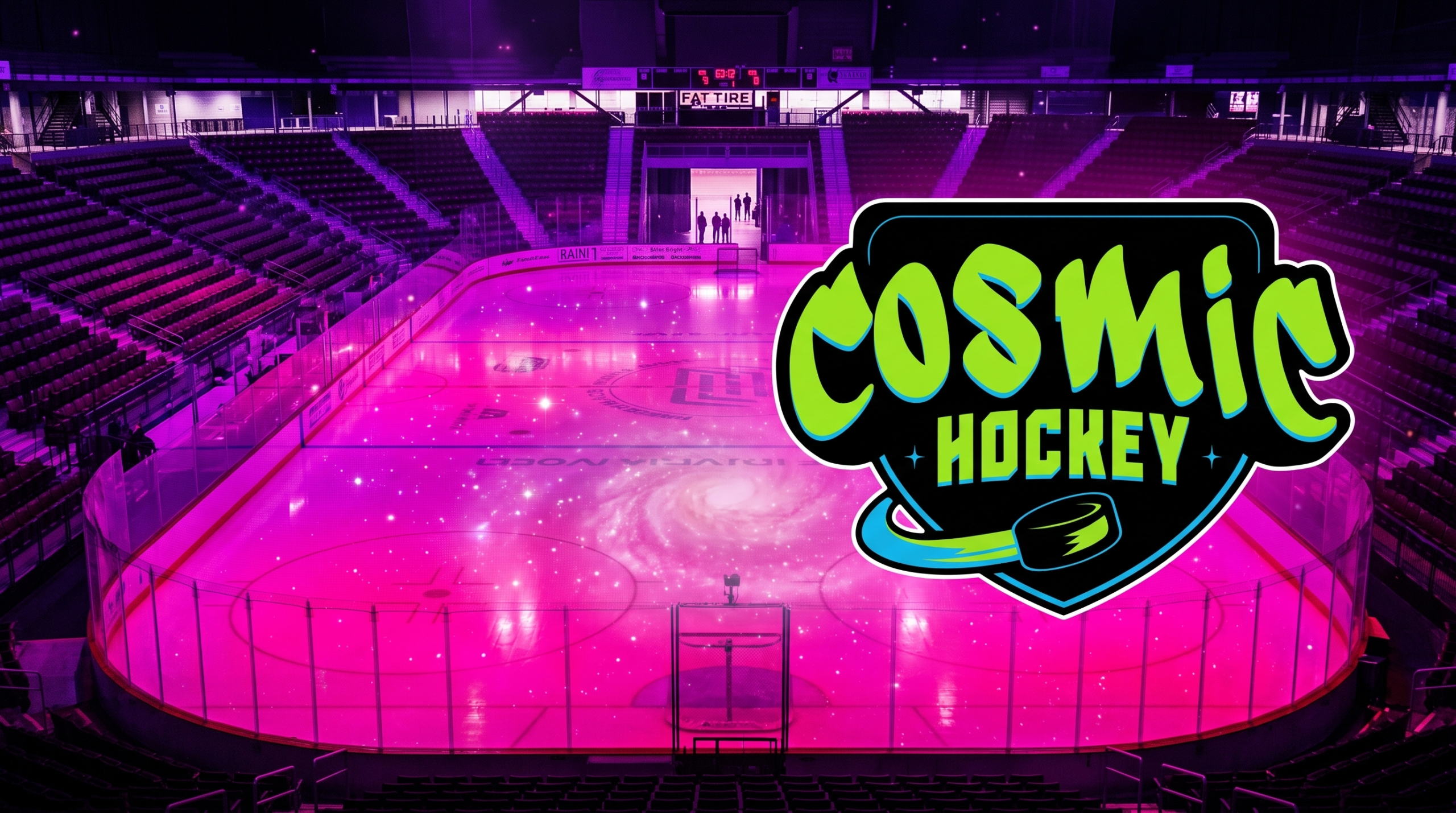 Black-light ice — Cosmic Hockey debut 2026 A hockey rink lit in fluorescent pink and green under black light, where Cosmic Hockey plays its first game