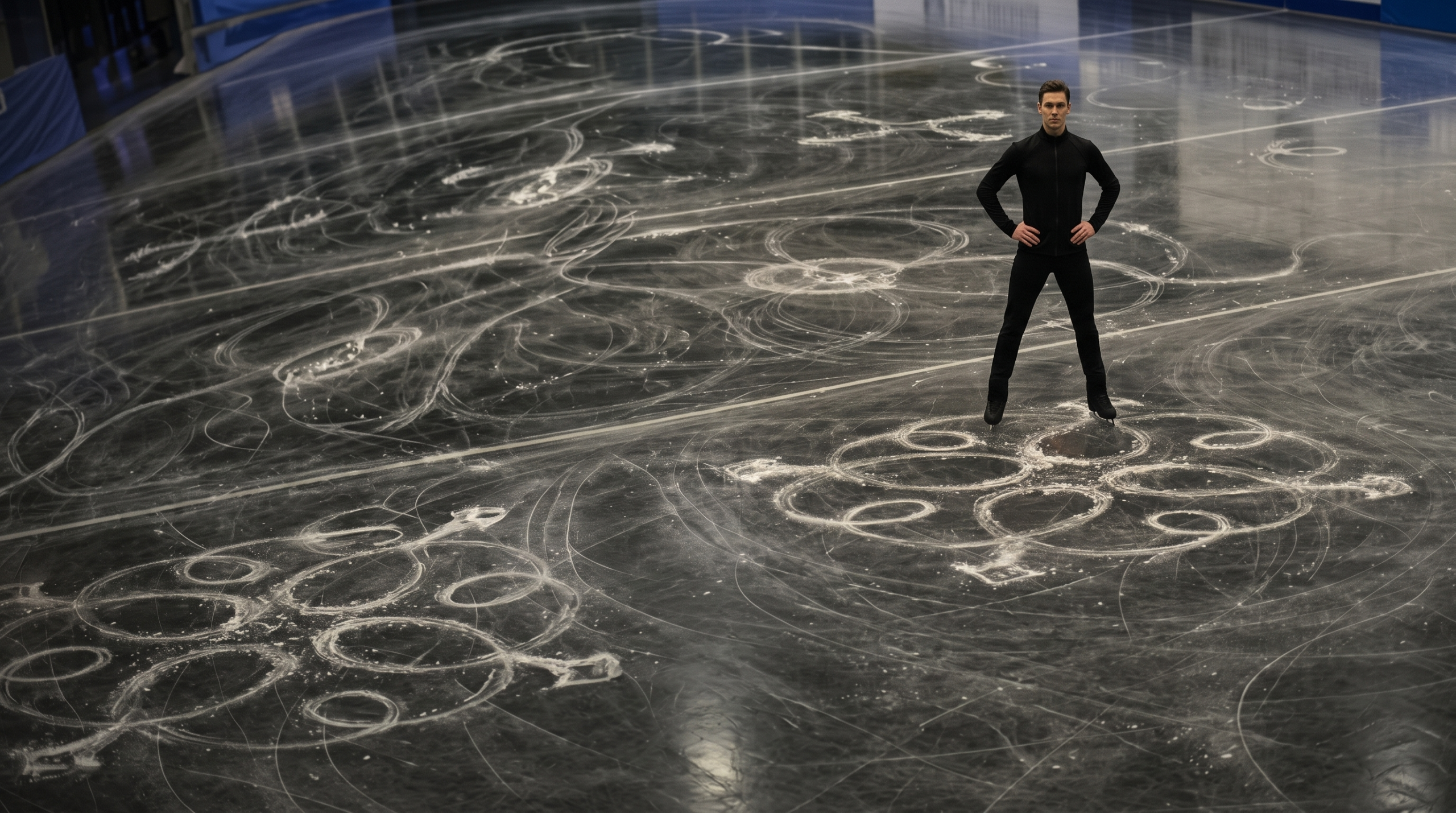 Figures on black ice β World Figure & Fancy Skating Championships 2026 A skater in black stands on dark ice covered in white loops, circles and figure-eights traced by a blade