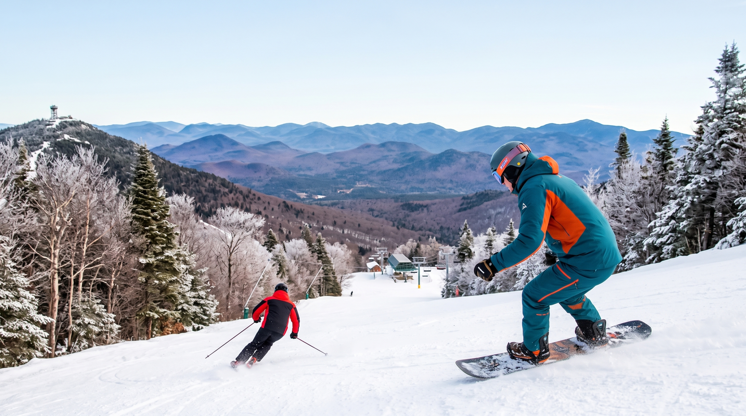 Two ways down — Whiteface opening day 2026 A snowboarder and an alpine skier riding down a groomed trail at Whiteface Mountain near Lake Placid