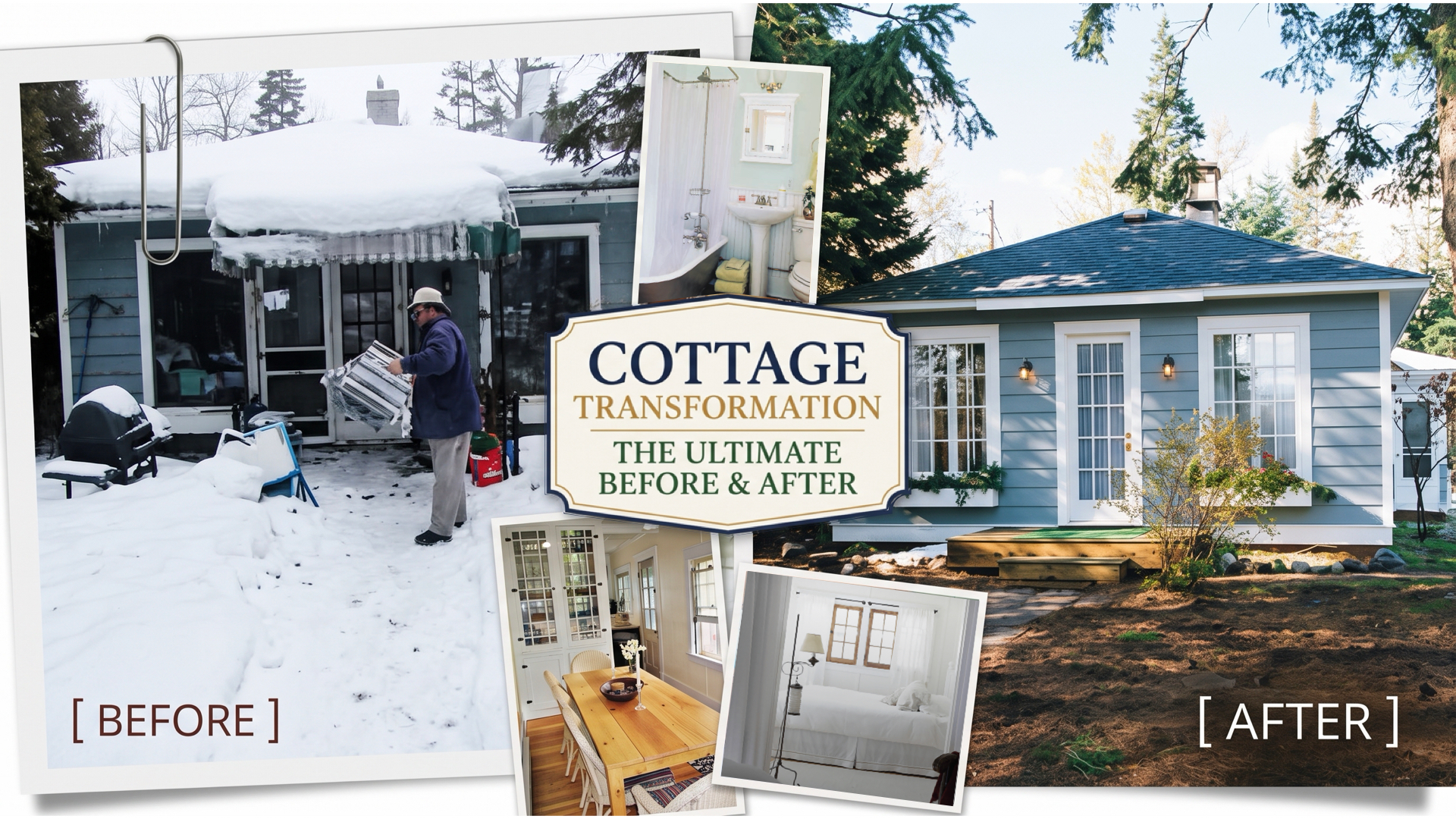 GO-Cottage before and after: the 1920s bungalows in 2003 and today Side-by-side of GO-Cottage: the run-down 1920s bungalow as bought in January 2003, and the same cottage today after restoration.
