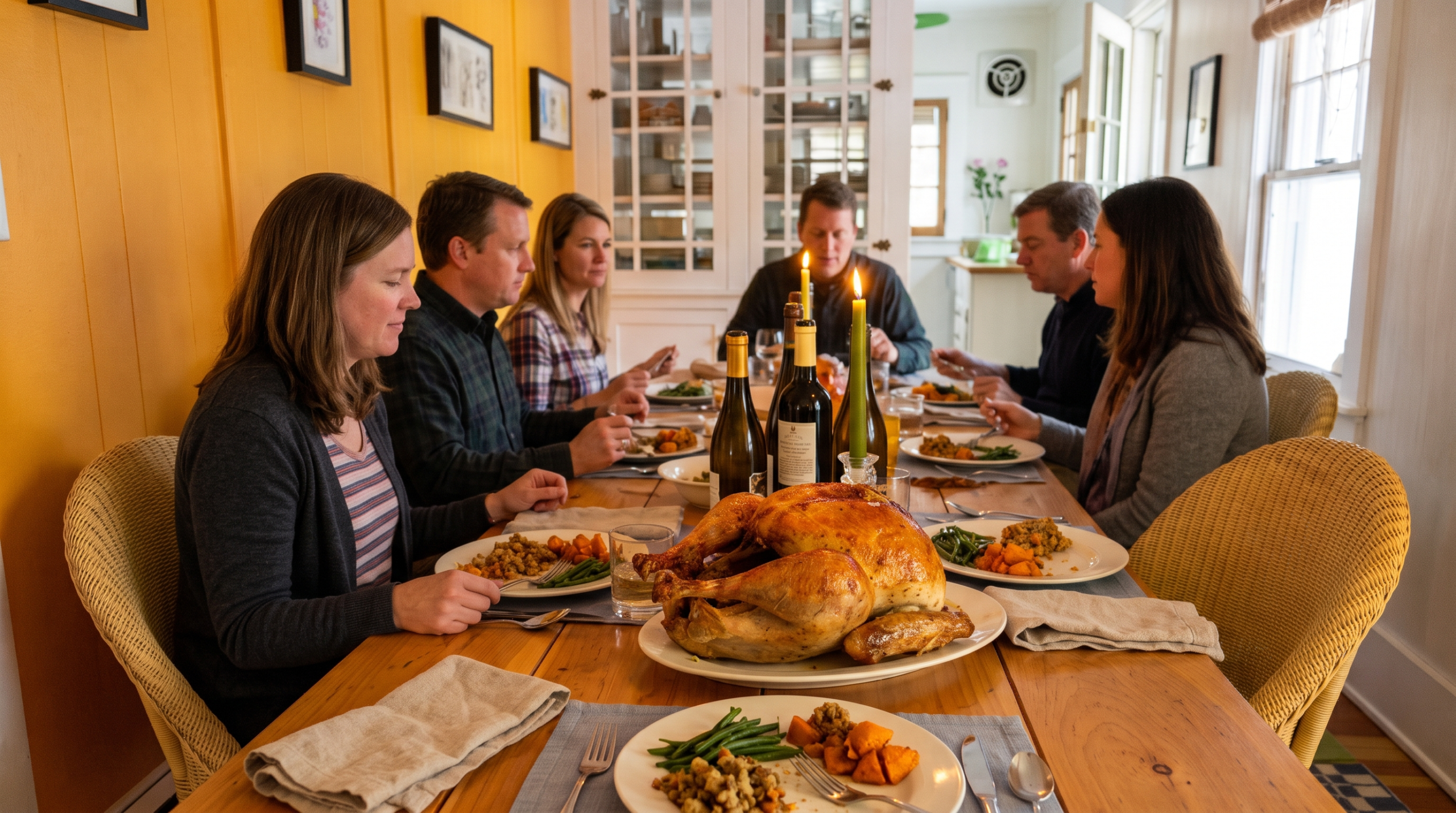 Thanksgiving at the farm table — GO-Cottage 2026 A group seated around the farm table at GO-Cottage in Lake Placid, about to start Thanksgiving dinner